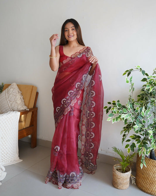Vamsee Shivika Maroon Organza Saree - Swadesiicart