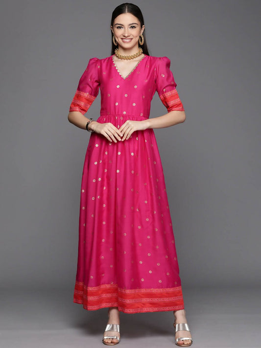 Ahalyaa Women's Pink Chanderi Gold Foil Print Dress | Swadesiicart