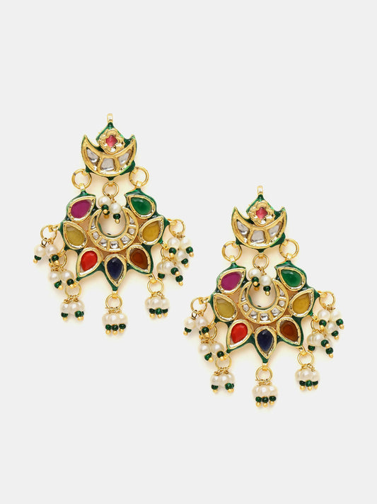 Ruby Raang Gold Polished Multi-Color Navratan Kundan Earrings | Swadesiicart