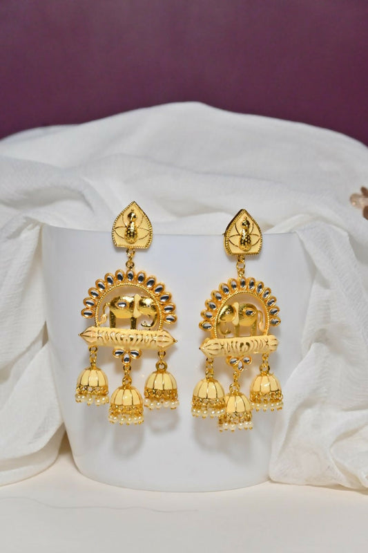 Beige Traditional Gold-Polished Elephant Design Kundan Jhumka Jhumki Earrings Indian Jewellery For Women & Girls By House of Ree - Swadesiicart