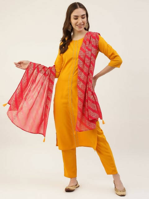 FIORRA Women's Yellow Poly Crepe Straight Kurta Pant With Dupatta - Swadesiicart