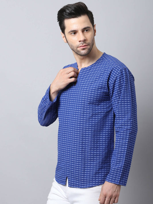 Even Apparels Blue Pure Cotton Round Neck Slit Men's Kurta | Swadesiicart