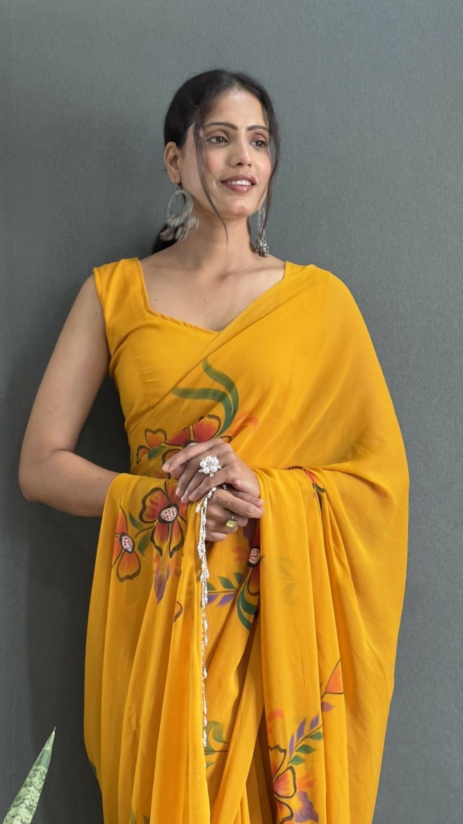 Aayaa Designer 1 min Hand Painted Ready to Wear saree - Mustard Yellow | Swadesiicart