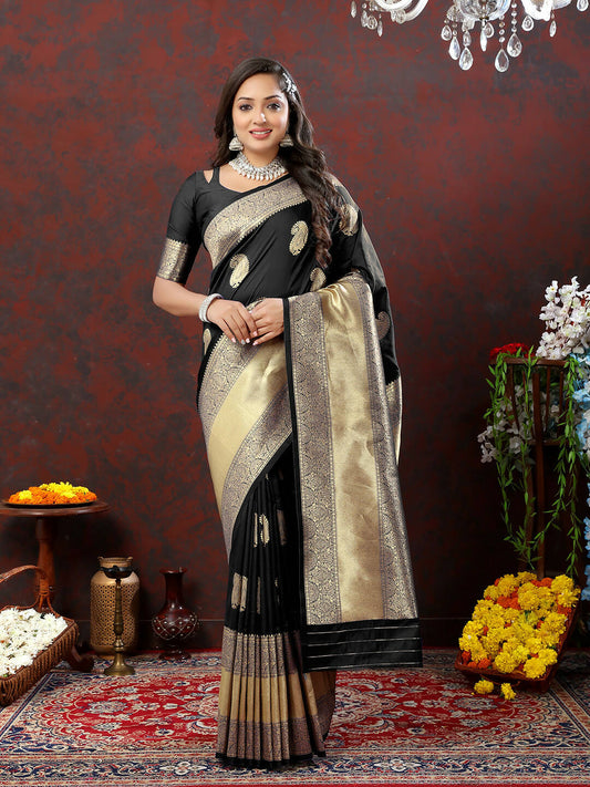 Lorenvalley Fashion Black Soft Silk Woven Design Gold Zari Weaving Saree - Swadesiicart