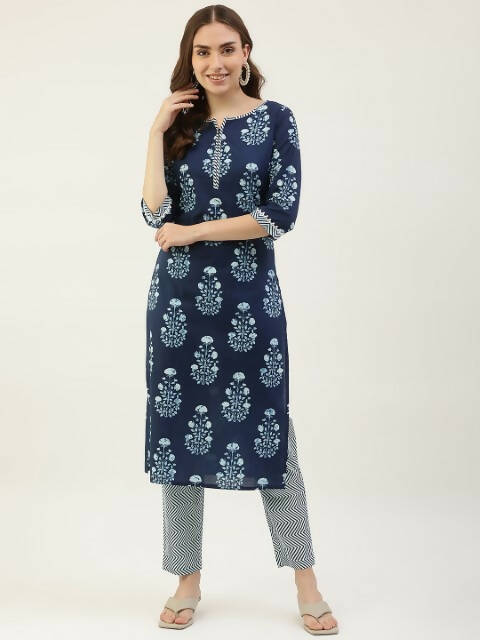 FIORRA Women's Blue Pure Cotton Straight Kurta Set - Swadesiicart