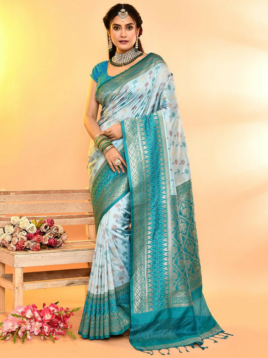 Joban Fashion Sky Blue & Rama Plain With Weaving Border Banarasi Silk Sarees | Swadesiicart