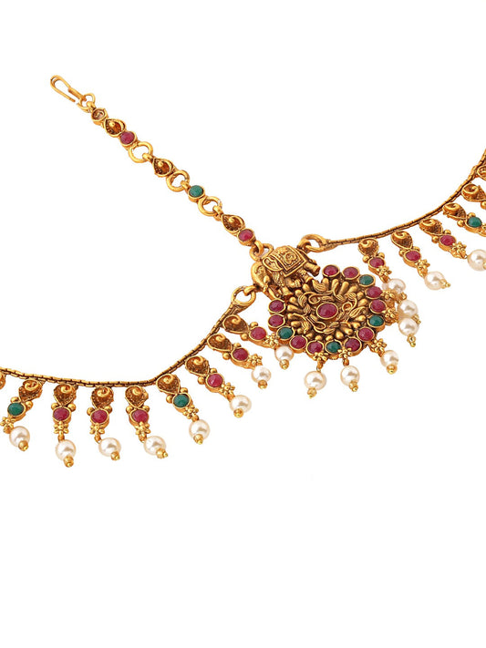 Yellow Chimes Women Gold-Polished,Maroon,Green White Pearl Hanging Bridal Mathapatti | Swadesiicart