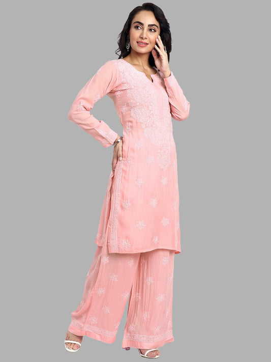 ADA Floral Embroidered Long Sleeves Regular Lucknowi Chikankari Kurta With Palazzos | Swadesiicart