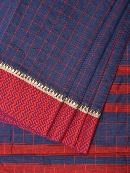 Dark Blue and Red Bamboo Cotton Saree with Big Checks Design No Blouse - Global Threads | Swadesiicart