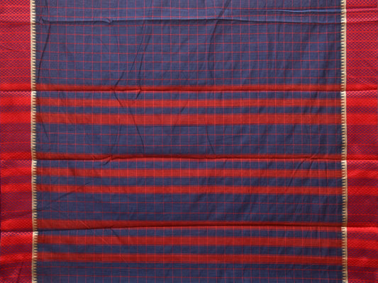 Dark Blue and Red Bamboo Cotton Saree with Big Checks Design No Blouse - Global Threads | Swadesiicart