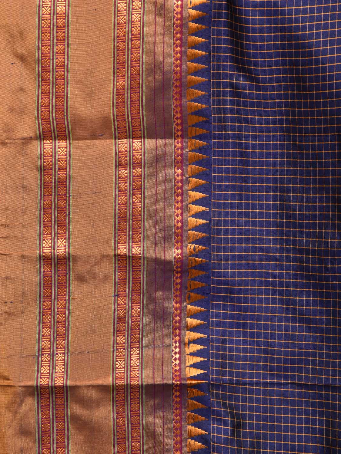 Dark Blue Narayanpet Silk Handloom Saree with Checks Design No Blouse - Global Threads | Swadesiicart