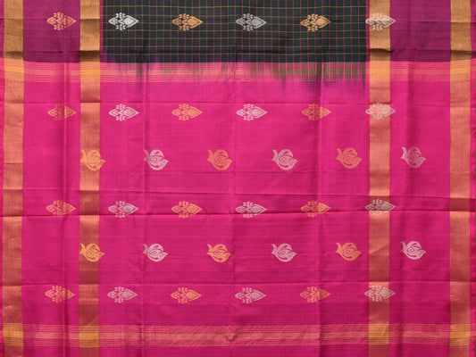 Dark Green and Purple Uppada Silk Handloom Saree with Checks and Body Buta Design - Global Threads | Swadesiicart