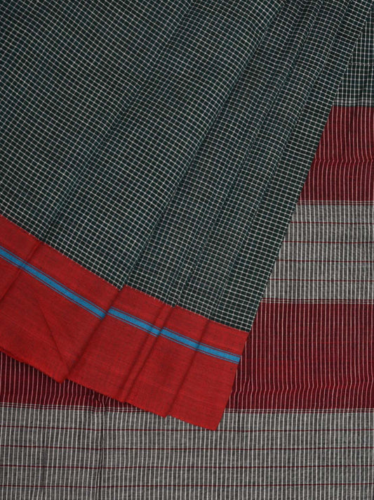 Dark Green ilkal Cotton Handloom Saree with Checks and Ganga-Jamuna Border Design No Blouse - Global Threads | Swadesiicart