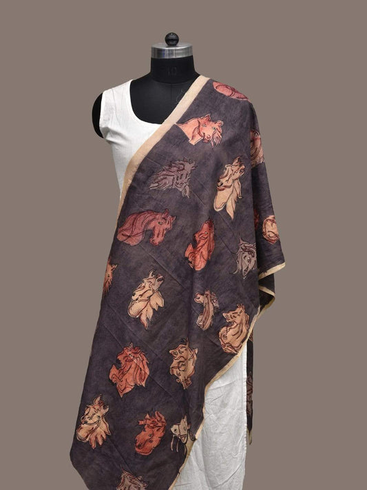 Dark Grey Kalamkari Hand Painted Silk Handloom Stole with Horses Design - Global Threads | Swadesiicart