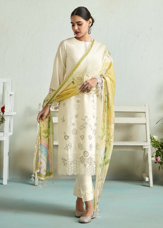 Off White Pure Muslin Resham Embroidered Salwar Suit - Emponline | Swadesiicart