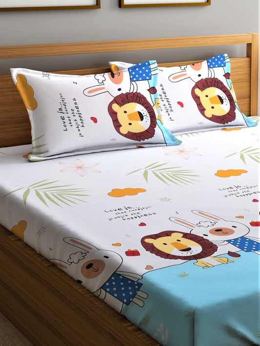 Home Sizzler White & Blue Printed 210 TC Double Bedsheet With 2 Pillow Covers - Swadesiicart
