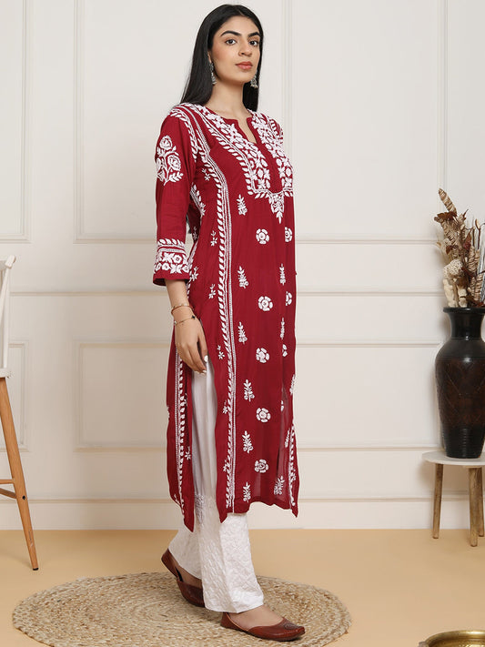 HOUSE OF KARI Floral Embroidered Chikankari Pure Cotton Kurta | Swadesiicart