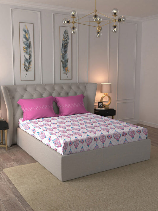 MYTRIDENT Moments Pink White Ethnic Pure Cotton 120 TC Queen Bedsheet Pillow Covers - Swadesiicart