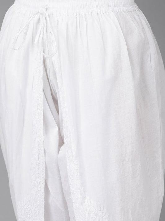 ADA Women White Cotton Sustainable Hand Embroidered Chikankari A-line Handloom Kurta & Dhoti Pants | Swadesiicart