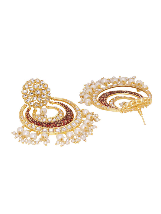 Shoshaa Red & Off-White Kundan Studded & Beaded Crescent Shaped Chandbalis | Swadesiicart