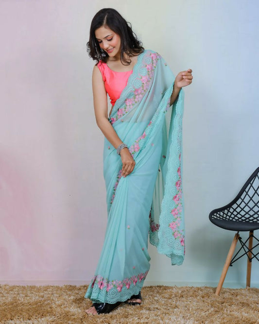 Vamsee Rashmika Blue Georgette Saree - Swadesiicart