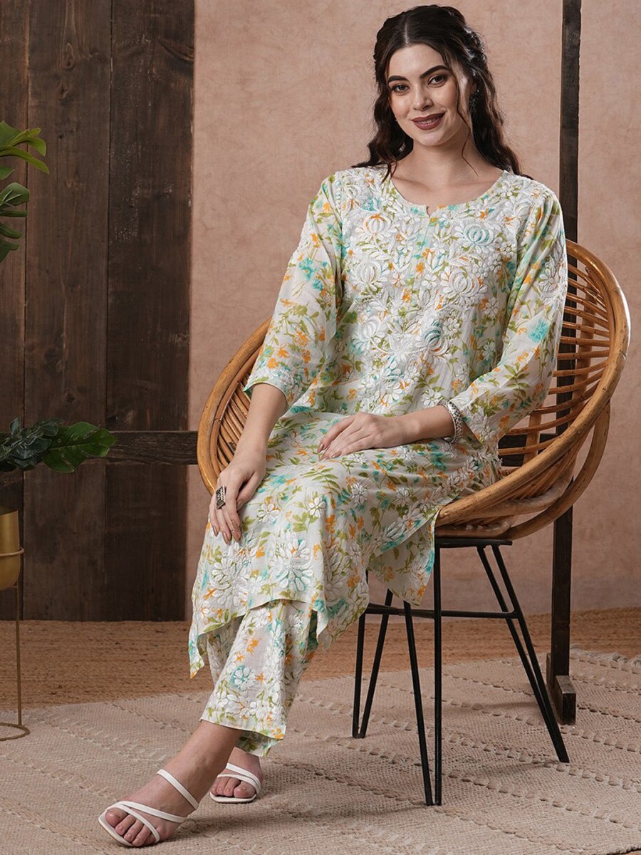 ADA Floral Printed Round Neck Regular Lucknowi Chikankari Kurta with Trousers | Swadesiicart