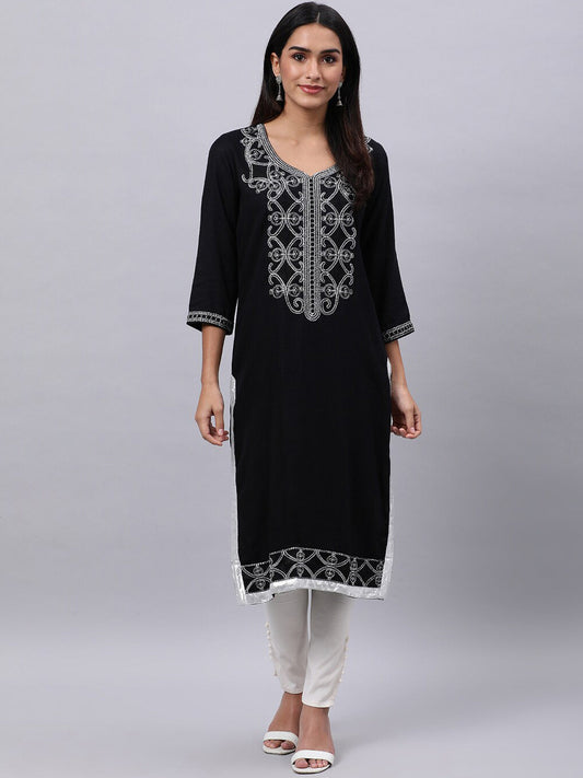 Souchii Women Black Ethnic Motifs Yoke Design Thread Work Kurta - SOUCHII