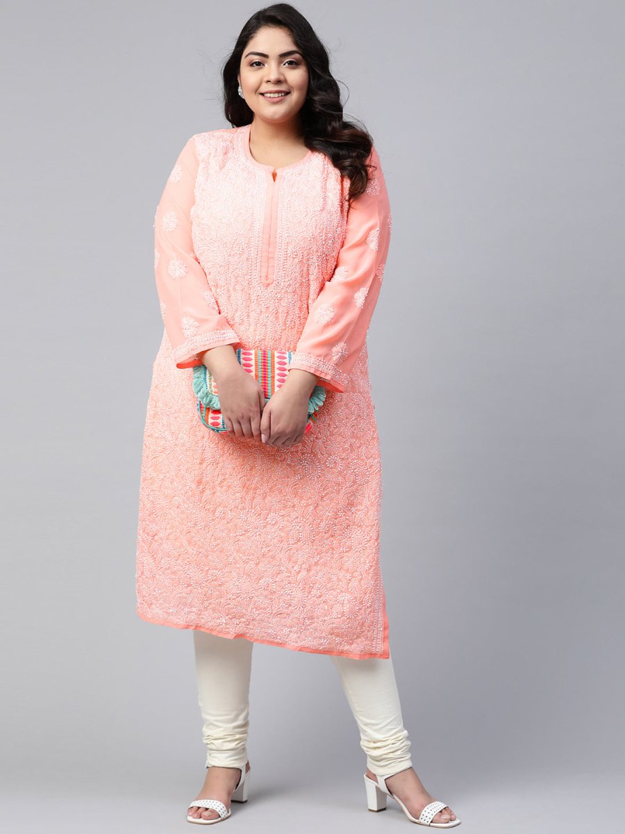 ADA Ada Women Plus Size Peach-Coloured & White Ethnic Motifs Chikankari Georgette Handloom Kurta | Swadesiicart