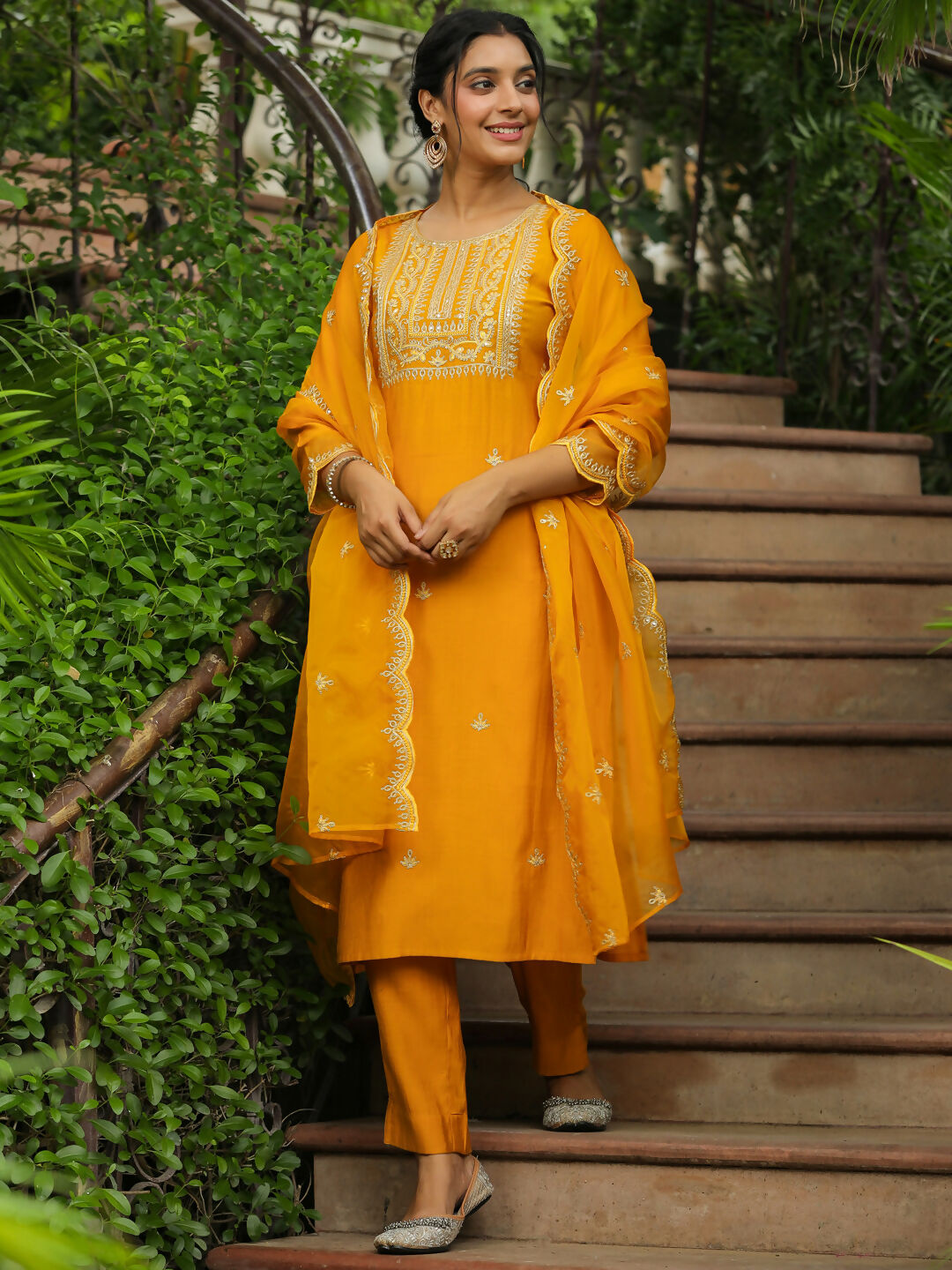Janasya Mustard Silk Blend Embroidered Kurta,Bottom & Dupatta | Swadesiicart