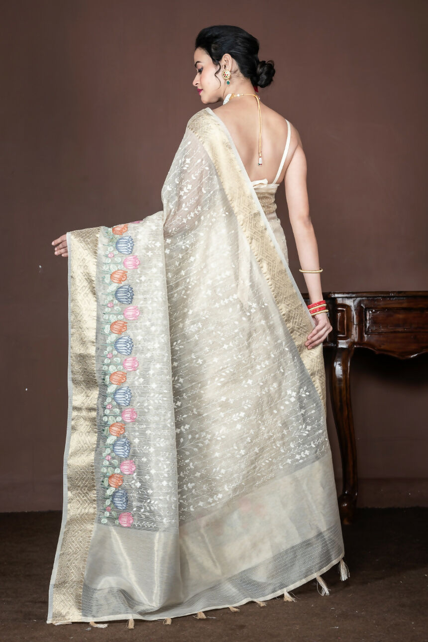 Morchari Beige Banarasi Tissue Computer Embroidery Saree Unstitched Blouse | Swadesiicart