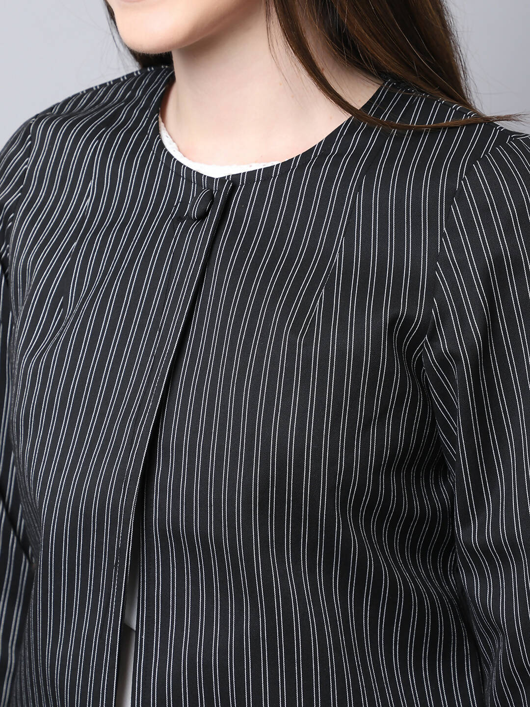 Even Apparels Black Polywool Open Front Statement Women's Jacket | Swadesiicart