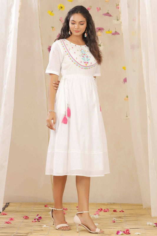 Juniper Women White Cotton Dobby Embroidered A-Line Dress | Swadesiicart