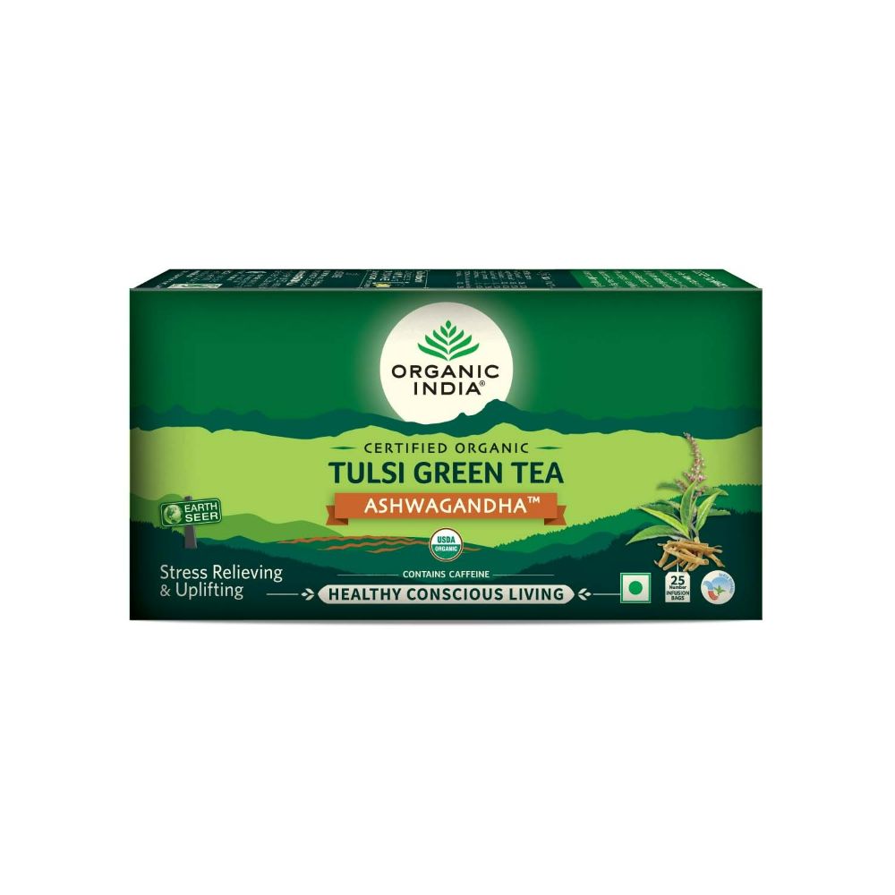 Organic India Tulsi Green Tea Ashwagandha - Herbal Sleep Tea, Caffine Free - Swadesiicart