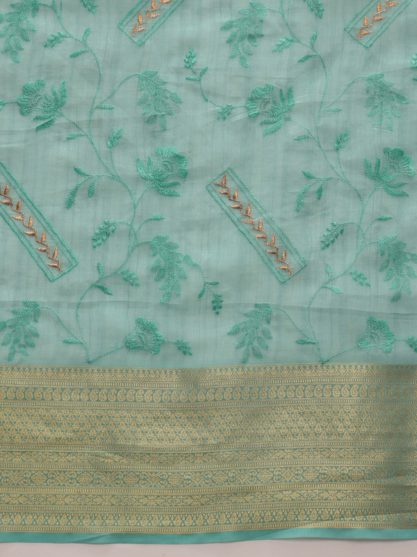 Turquoise Kota Doria Embroidered Floral Saree with Unstitched Blouse - Hiral Fashion | Swadesiicart