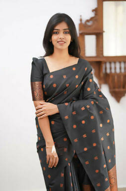 DEIANA'S Beautiful Designer Golden zari Soft Lichi Silk Saree - Black - Swadesiicart