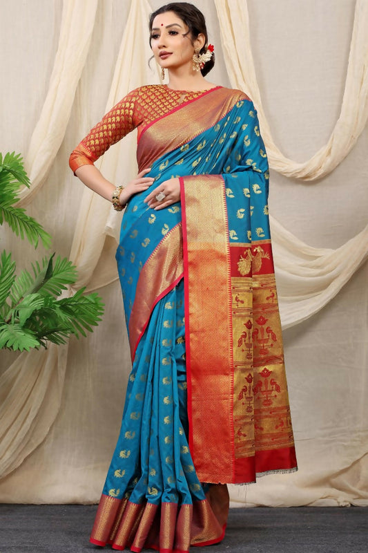 Jyoti Fashion Women's Firozi Banarasi Silk Zari Woven Saree with Blouse | Swadesiicart