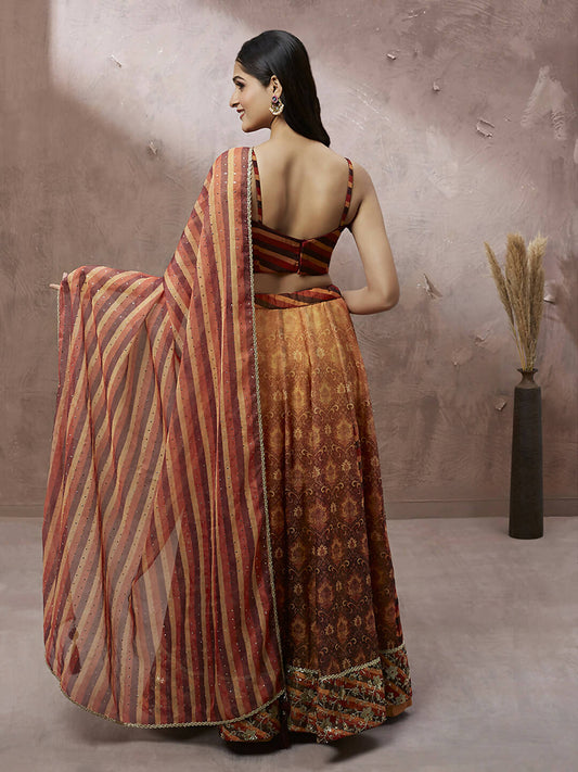 House of Panchhi Brown Organza Floral Print and sequinse work Lehenga choli & Dupatta | Swadesiicart