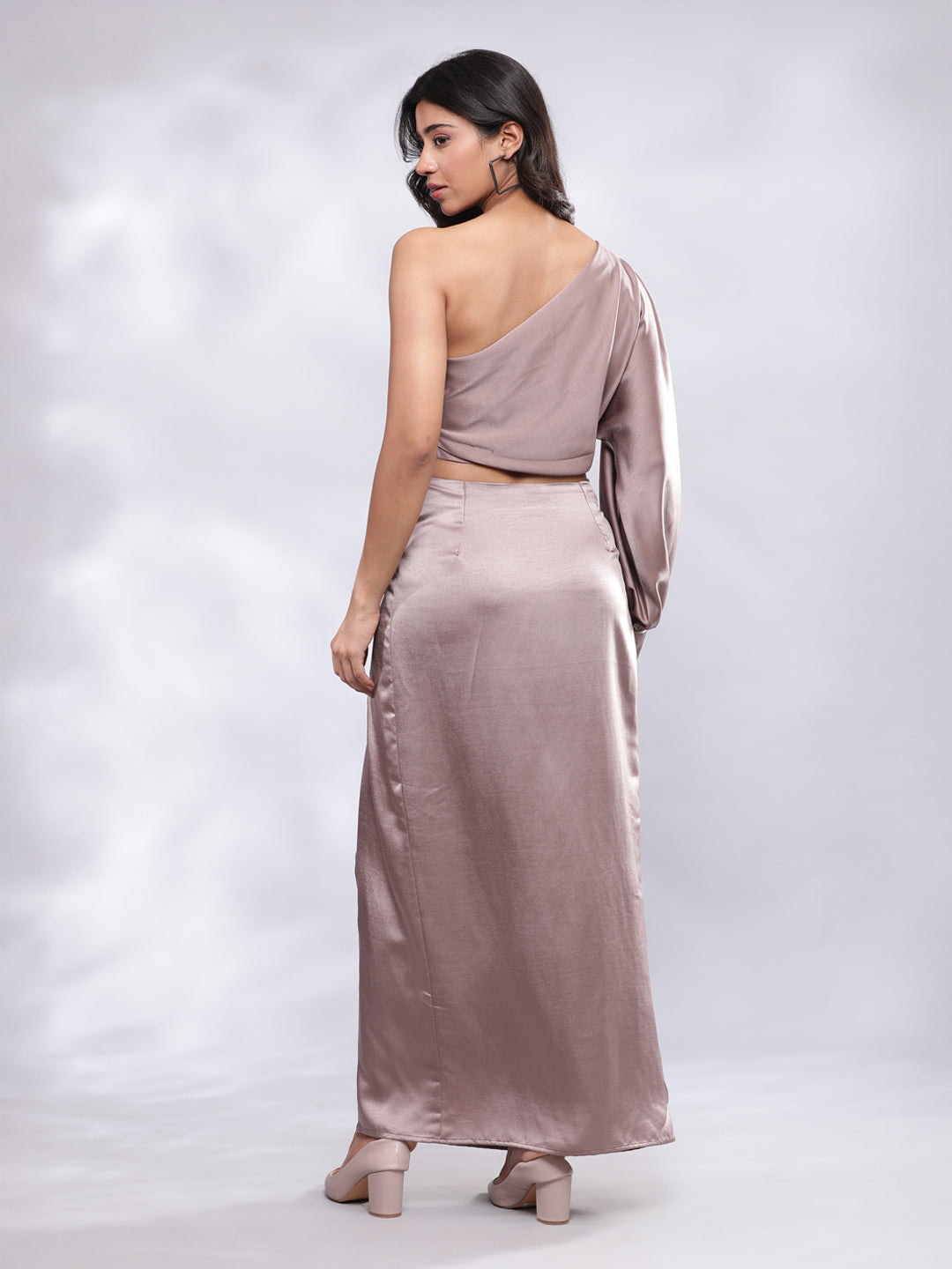 BohoJazz Drape Skirt with One Shoulder Cowl Top Co-ord Set - Champagne - Swadesiicart