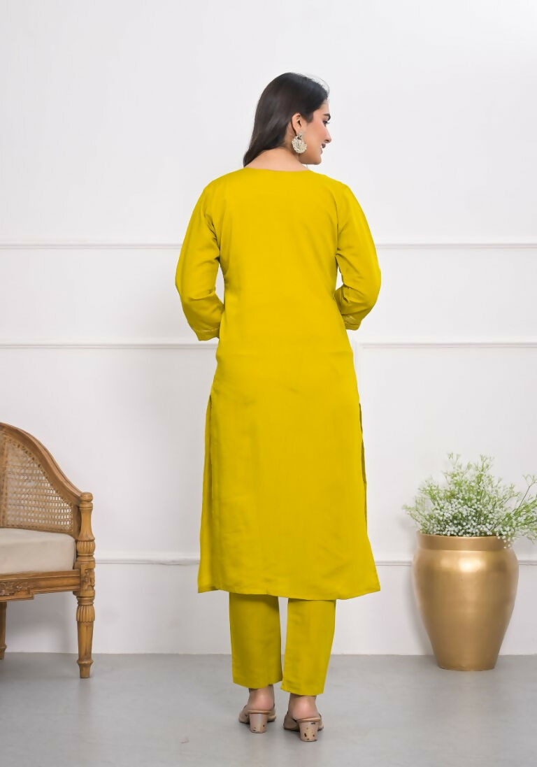 Yellow Viscose Silk Embroidery with Thread and sequence Stitched Suit With Dupatta - Tanisha | Swadesiicart
