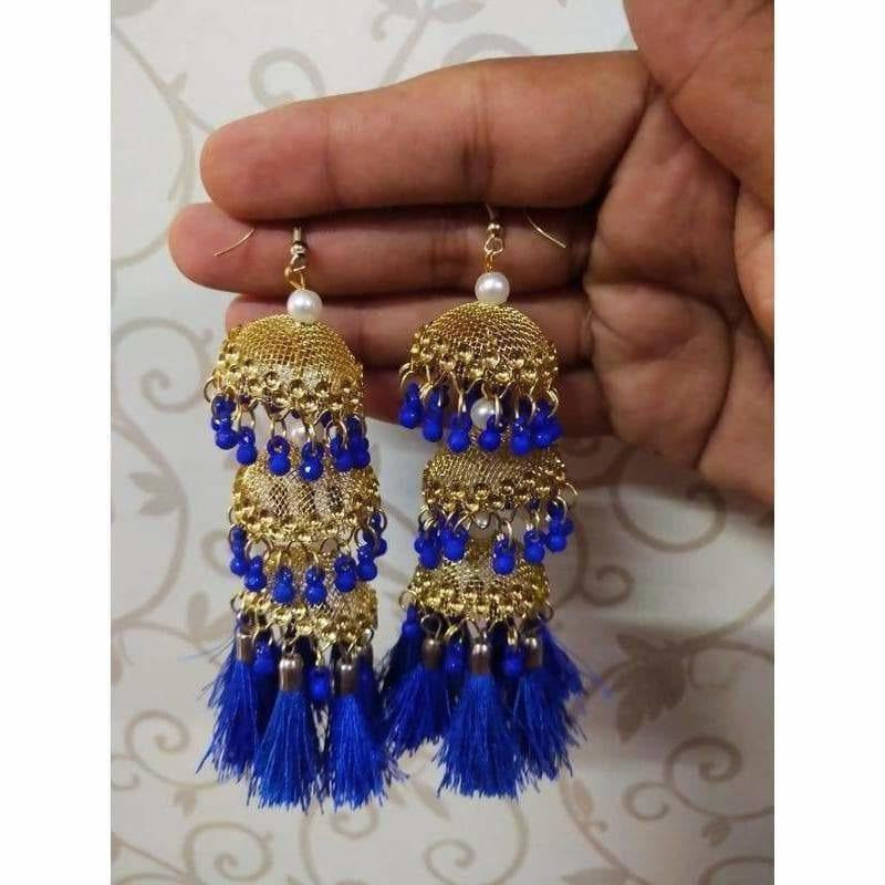 MS Fashion India Gold Color Net Design Jhumkas With Blue Color Pearls And Silk Threads | Swadesiicart