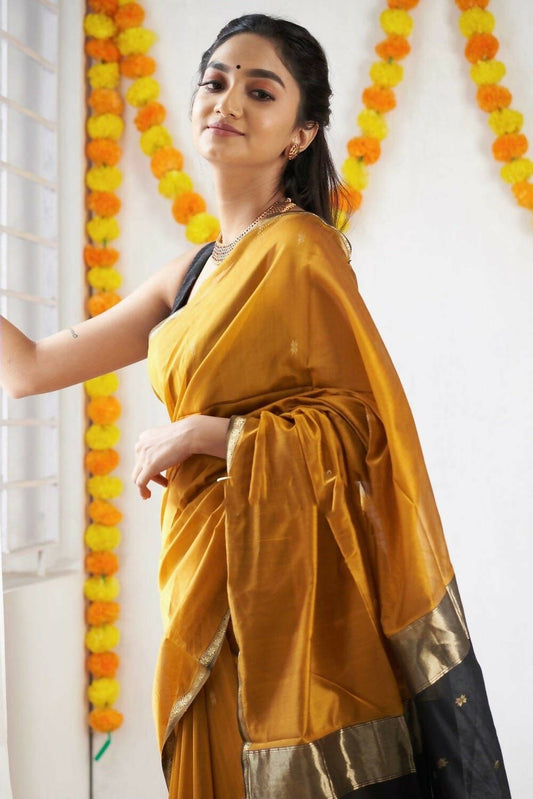 DEIANA'S Beautiful Designer Golden zari Soft Cotton Saree - Yellow - Swadesiicart