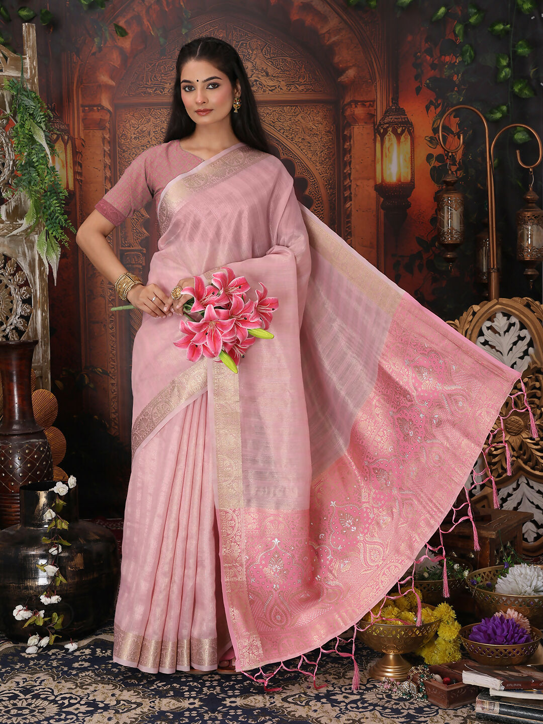 Shree Shyam Fashion Organza Light Pink Saree
