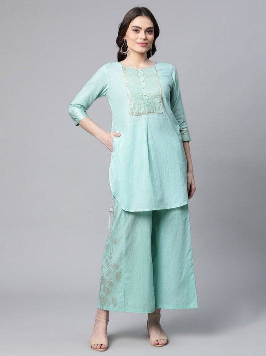 Ahalyaa Women Teal Pure Cotton Gold Foil Printed Pakistani Style Kurta Palazzo Set | Swadesiicart
