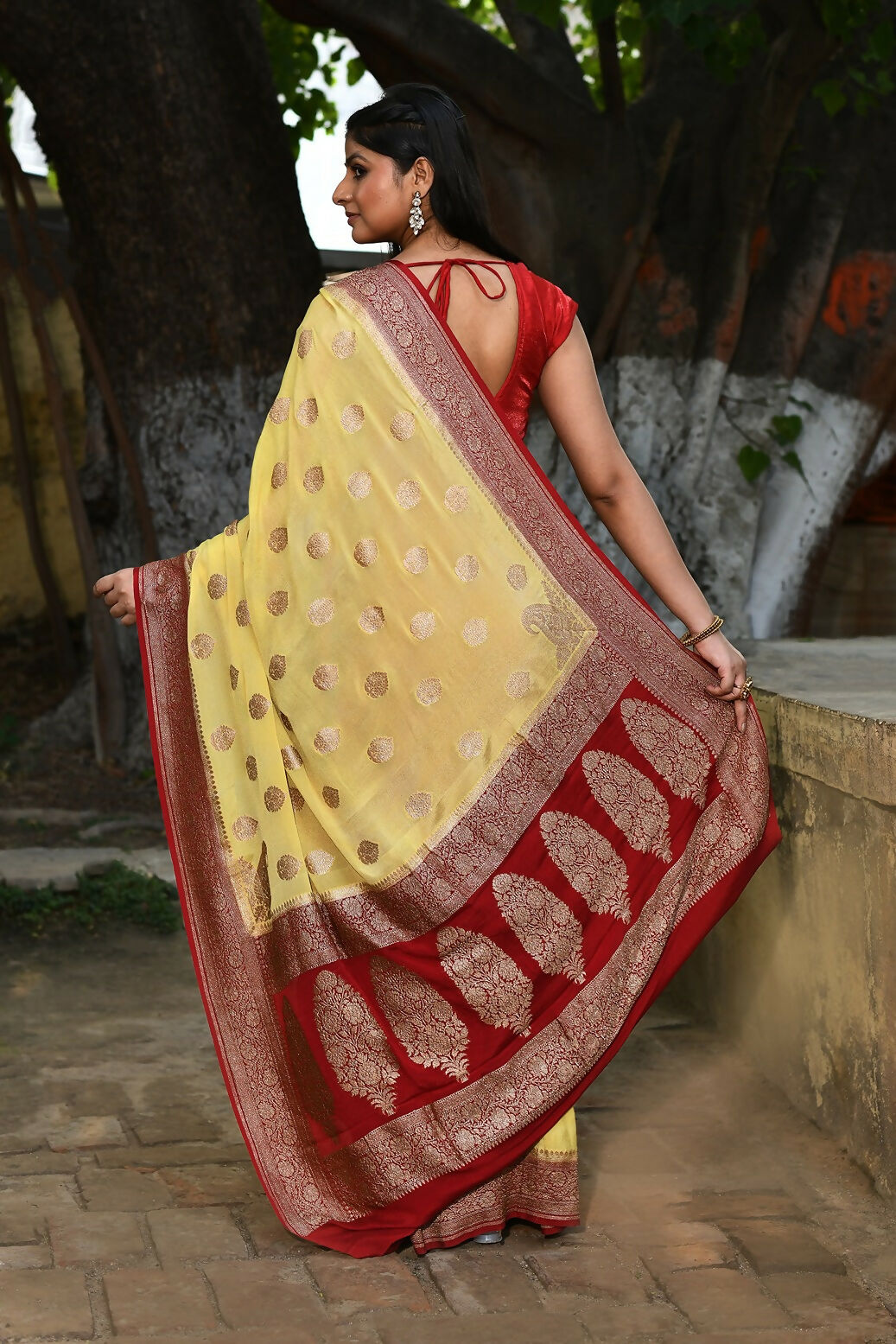 Joban Fashion Pale Yellow Crepe Chiffon Pure Handloom Banarasi Silk Saree | Swadesiicart
