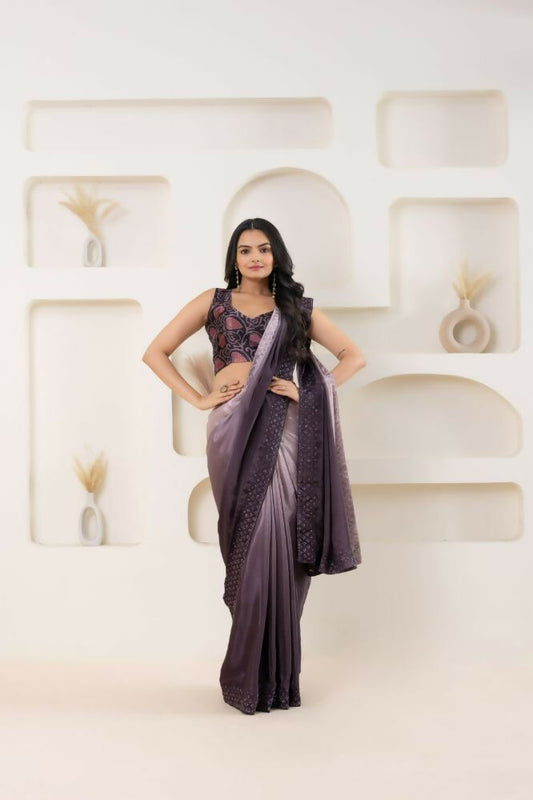Wine Satin Pedding Designer, Printed Party Wear Ready To Wear Saree - Femina | Swadesiicart