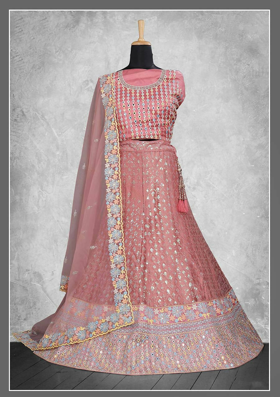 Pink Net Embroidery & Thread Work Bridal lahenga Choli with Dupatta - Nimaya Pavitra Rista | Swadesiicart