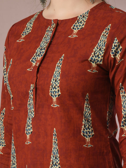 Myshka Women's Rust Printed Cotton Round Neck Party Tunic With Trousers Co-ord set - Swadesiicart