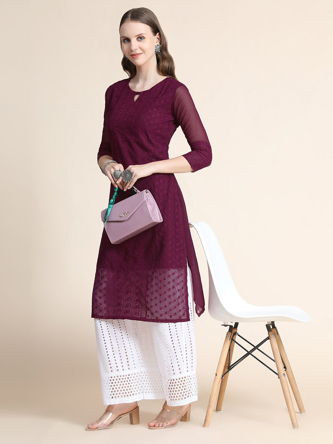 Kalini Women Burgundy Ethnic Motifs Chikankari Kurta | Swadesiicart