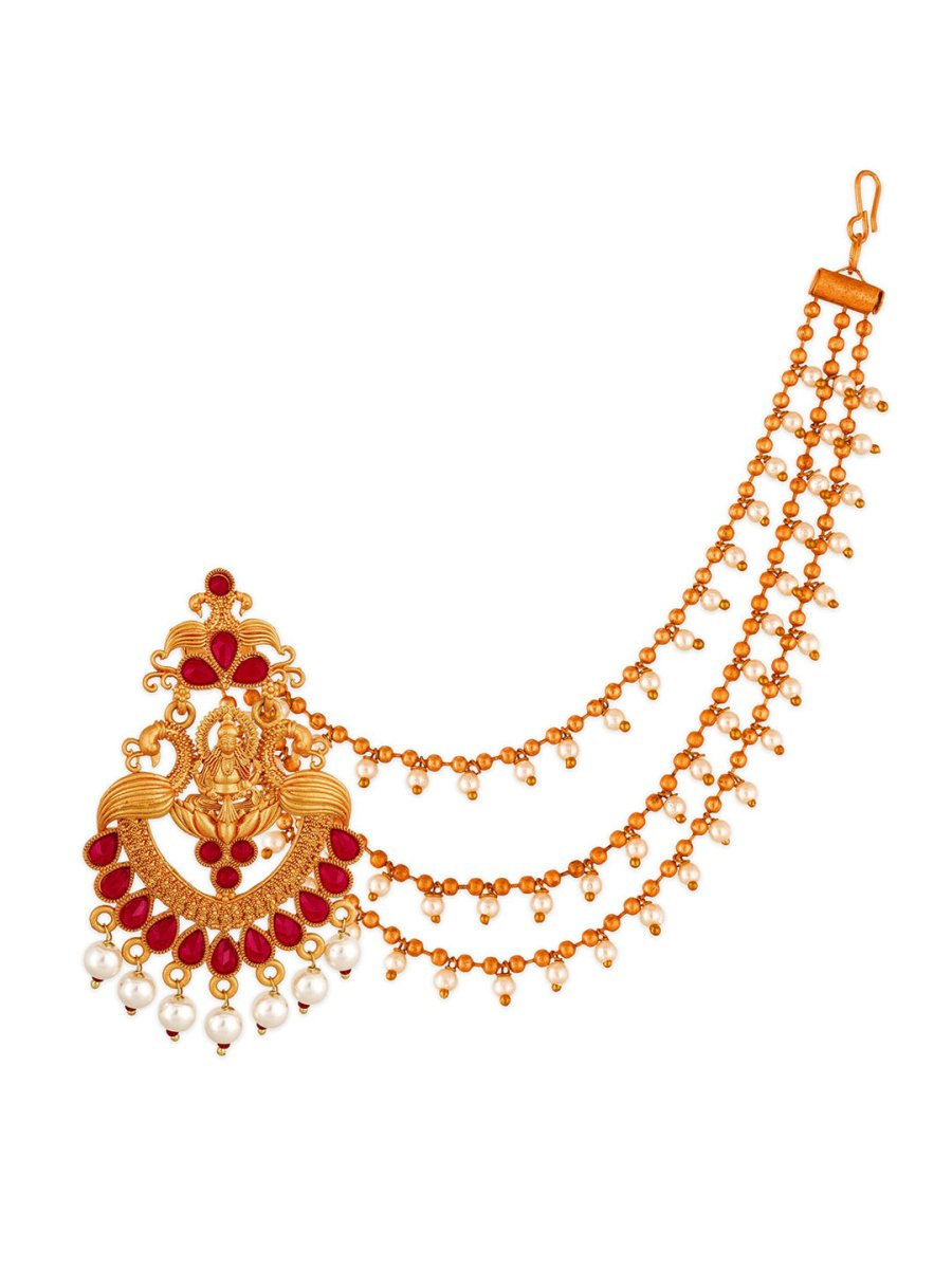 Aadita Red Gold-Toned & White Pearls Studded Contemporary Drop Earrings With Hair Chain | Swadesiicart