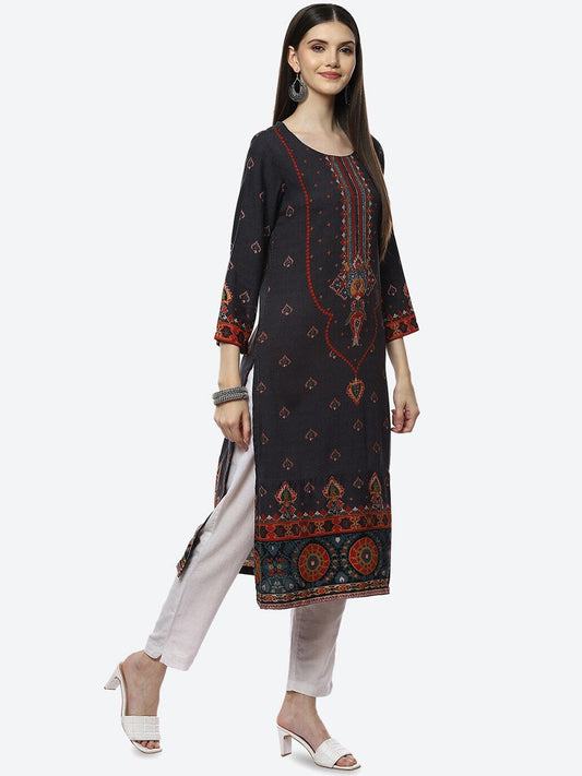Biba Women Black Ethnic Motifs Printed Kurta - Swadesiicart